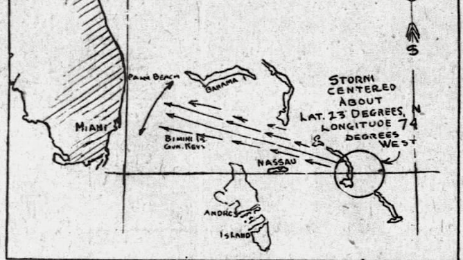 A hand-drawn forecast map of the Great Miami Hurricane published in a newspaper on Sept. 17, 1926.