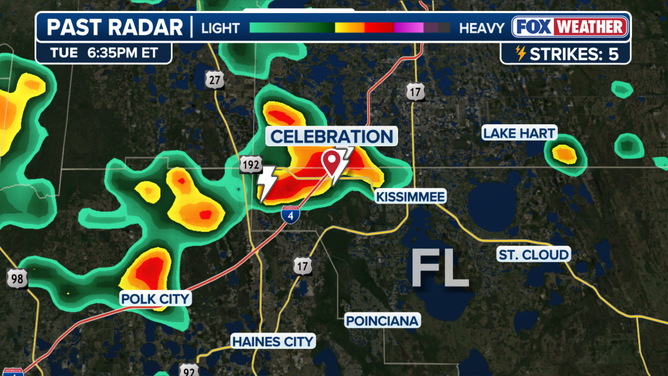 Past radar lightning strike on Tuesday, Sep. 8, 2026 in Celebration, Florida.