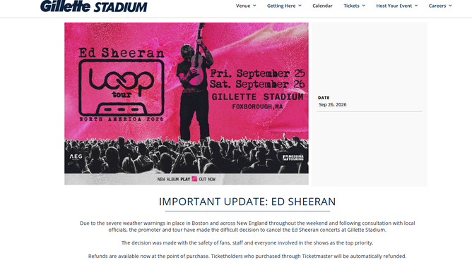 Ed Sheeran concert cancellations in New England on Sep. 25 and 26 due to weather.