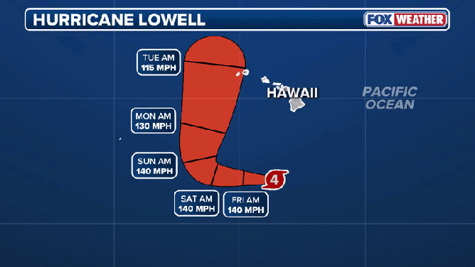 Hurricane Lowell forecast cone compared to Hurricane Iniki's 1992 track.