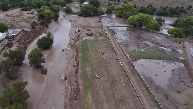 Flash floods damage property in Lincoln, New Mexico, on Sep. 29, 2026.