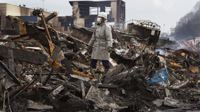 KESENNUMA, JAPAN - MARCH 16: A rescue worker stands in the rubble of a village destroyed by the devastating earthquake, fires and tsunami March 16, 2011 in Kesennuma, Miyagi province, Japan.
