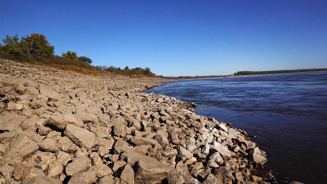 MARSTON, MISSOURI - OCTOBER 18: Rocks are exposed by retreating water along the banks of the Mississippi River on October 18, 2022 near Marston, Missouri.
