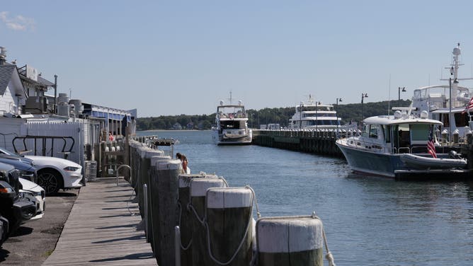 Greenport, N.Y.: Boats are moored along the dock at the marina in Greenport, New York on August 18, 2022.
