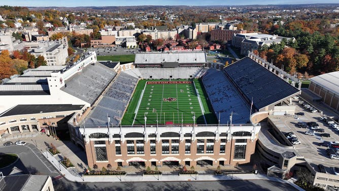 CHESTNUT HILL, MASSACHUSETTS - NOVEMBER 03: An aerial view of Alumni Stadium on the campus of Boston College on November 3, 2024 in Chestnut Hill, Massachusetts.