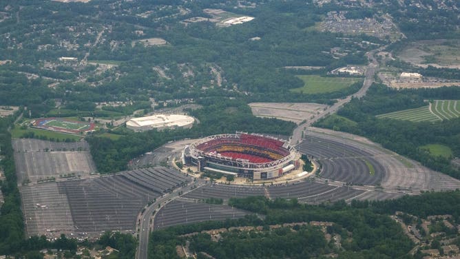 LANDOVER, MARYLAND - MAY 16: In an aerial view, Northwest Stadium, home of the NFL's Washington Commanders is seen on May 16, 2025 in Landover, Maryland.
