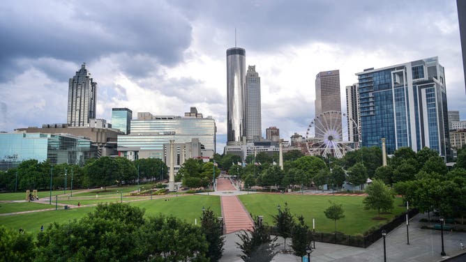 TLANTA, GEORGIA - JUNE 12: View of Centennial Olympic Park and Atlanta Skyline during The Rocket Foundation Summit 2025 at College Football Hall of Fame on June 12, 2025 in Atlanta, Georgia.