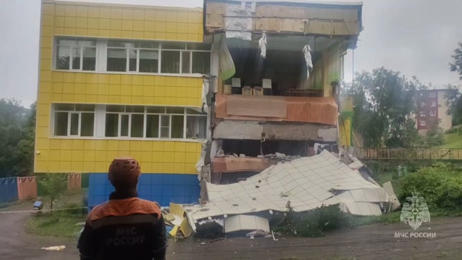 A screen grab from a video shows rescuers of the Ministry of Emergency Situations of Russia inspecting a damaged building after magnitude 8.8 earthquake hits Kamchatka Peninsula on July 30, 2025 in, Russia.