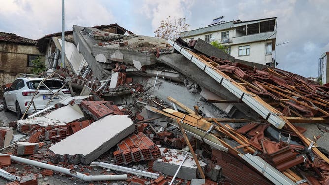 BALIKESIR, TURKIYE - OCTOBER 28: A general view shows the collapsed building after a 6.1 magnitude earthquake struck in the Sindirgi district at 22:48 local time on October 28, 2025, in Balikesir, Turkiye.