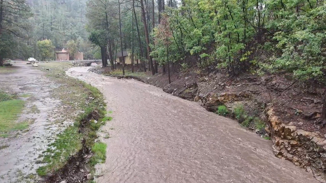 Heavy rain along Rio Ruidoso, New Mexico, on Sep. 29, 2026.