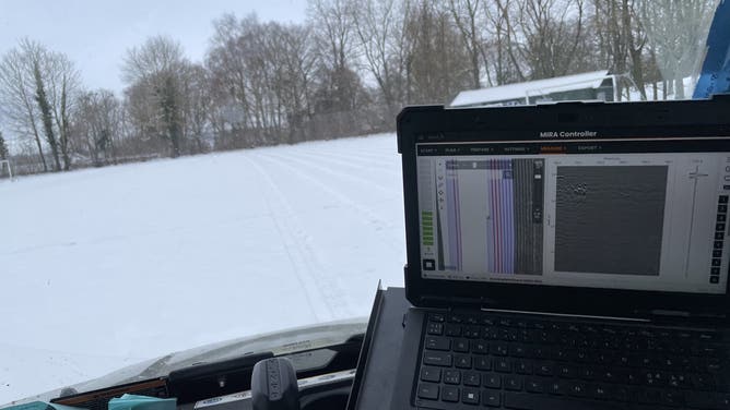 Crews conduct GPR imaging for the monastery below a soccer field in Denmark.