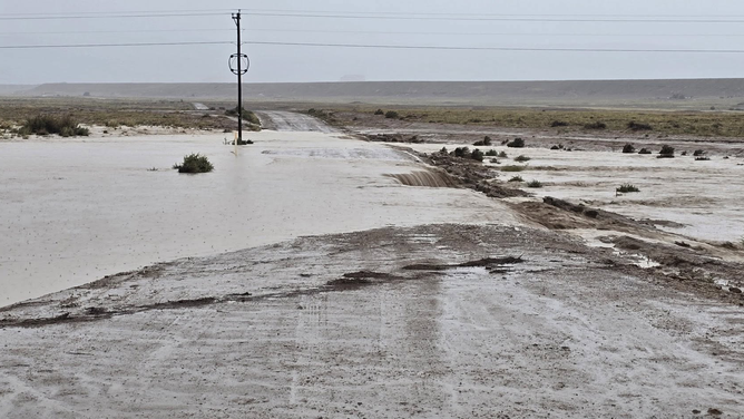 Monsoon thunderstorms trigger flash flooding washing out part of Highway 491 in Newcomb, New Mexico, on Sep. 16, 2026.