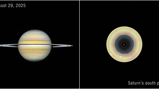 Two views of Saturn from NASA’s Hubble Space Telescope reveal a giant, evolving 10-sided atmospheric wave encircling the planet’s south pole