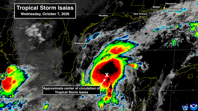 Satellite imagery of Tropical Storm Isaias on Oct. 7, 2026.