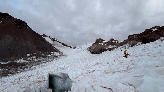 Snowy and icy conditions on Mount Shasta.