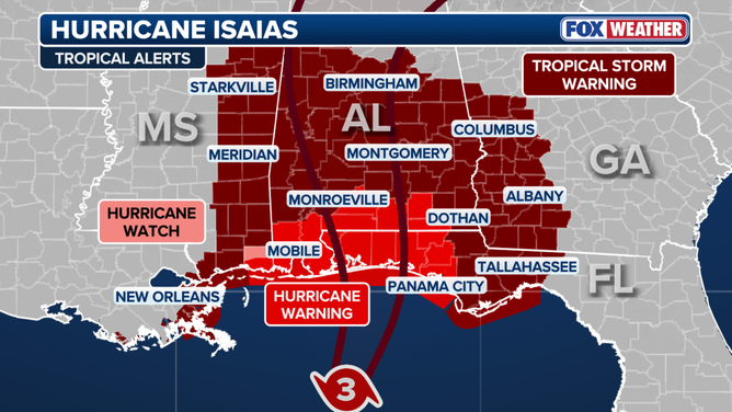 Hurricane Isaias tropical alerts as of 2 p.m. advisory.