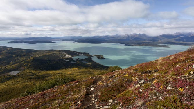 Looking toward the bright blue waters of Lake Clark from above Port Alsworth as summer transitions into fall.