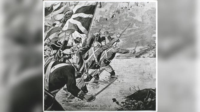 The 28th North Gloucestershire Regiment of Food, aka the Slashers, crossing the Bronx River at the Battle of White Plains during the American Revolutionary War, USA, 28th October 1776. Incorrectly captioned on the print 'The Slashers at the battle of the White Plains 1775'.