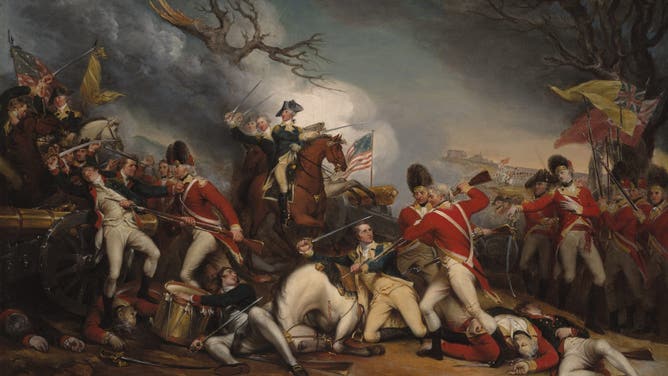 The Death of General Mercer at the Battle of Princeton, January 3, 1777 displays several events at the Battle of Princeton. At the center, American General Hugh Mercer, with his horse beneath him, is mortally wounded. At the left, American Daniel Neil is bayoneted against a cannon. At the right, British Captain William Leslie is shown mortally wounded. In the background, American General George Washington and Doctor Benjamin Rush enter the scene. Artist John Trumbull.