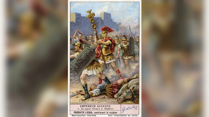 Battle of Mutina (now Modena, Italy), 43 BC, between Octavian and Mark Antony - Final War of the Roman Republic / Antony's Civil War. Emperor Augustus (63 BC - 14 AD / Gaius Octavius / Octavian, renamed Augustus in 27 BC). Liebig collectors' card, 1939 Liebig S 1391 / F1386