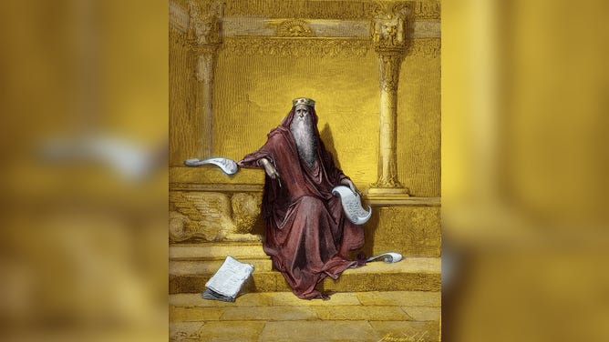King Solomon. Writing Proverbs. Engraving by Gustave Doré (1832 - 1883). Proverbs I: 1- 4 . 'The proverbs of Solomon the son of David, king of Israel;2 To know wisdom and instruction; to perceive the words of understanding;3 To receive the instruction of wisdom, justice, and judgment, and equity;4 To give subtilty to the simple, to the young man knowledge and discretion.' Colourised version.