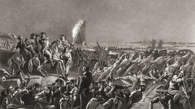 The American retreat from Long Island at the end of the Battle of Long Island, August 27, 1776 during the American Revolutionary War. After a 19th century engraving.