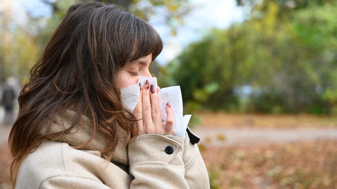 SYMBOL - 24 October 2025, Berlin: A woman blows her nose with a handkerchief in a park. According to the latest weekly report from the Robert Koch Institute (RKI), the number of acute respiratory diseases is at a "moderate level". Extrapolating from voluntary reports from the population, the RKI estimates around 7,500 cases per 100,000 inhabitants.