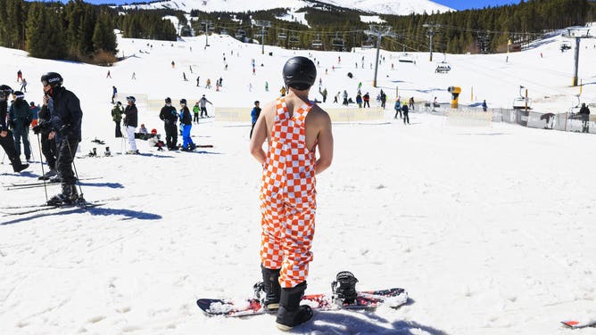 BRECKENRIDGE, COLORADO - MARCH 18: People ski and snowboard at Breckenridge Ski Resort as temperatures reach into the 50s on March 18, 2026 in Breckenridge, Colorado. A heat wave is expected to bring record breaking weather to much of Colorado as areas along the Front Range prepare for temperatures to soar into the upper 80s and 90s later this week.