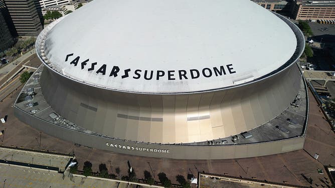NEW ORLEANS, LOUISIANA - APRIL 07: An aerial exterior view of Caesars Superdome before a game between the New Orleans Pelicans and the Utah Jazz at Smoothie King Center on April 07, 2026 in New Orleans, Louisiana.