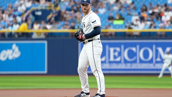 ST. PETERSBURG, FL - AUGUST 30: Drew Rasmussen #57 of the Tampa Bay Rays pitches during the game between the San Diego Padres and the Tampa Bay Rays at Tropicana Field on Sunday, August 30, 2026 in St. Petersburg, Florida.