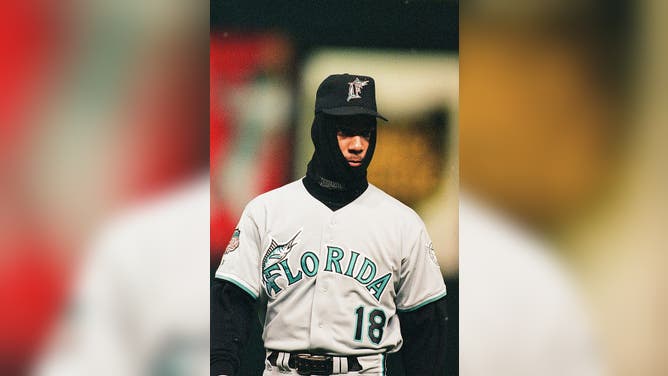 CLEVELAND, OH - OCTOBER 22: Moises Alou of the Florida Marlins during Game Four of the World Series against the Cleveland Indians at Jacobs Field on October 22, 1997 in Cleveland, Ohio. 