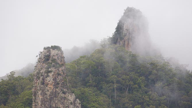 Nimbin Needles, rhyolite spires remaining from the Tweed Volcano that erupted some 20 million years ago. Nimbin, New South Wales, Australia.