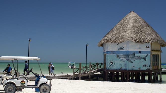 Dock painted with local marine fauna from Holbox island, Caribbean sea Mexico.