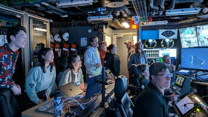 Once news spread that the expedition team had encountered a rarely seen deep-sea barreleye fish (Macropinna microstoma), it was standing room only in the submersible control room aboard MBARI’s flagship research vessel David Packard.