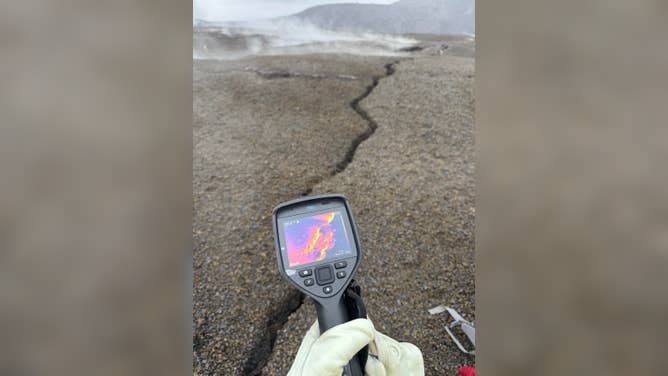 Some of the new cracks that formed on Kīlauea caldera floor between September 30-October 1 were steaming and warm (about 60 dg Celsius, or 140 dg Fahrenheit) when they were measured by this thermal camera on October 6. This area has been covered in warm, steaming cracks for decades, however, and there was no sign of magmatic gas associated with the recent intrusive activity.
