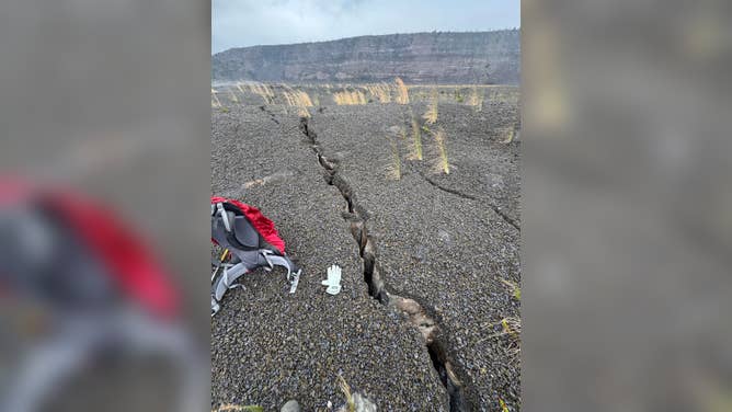The largest new crack observed on the northern part of Kīlauea caldera floor during a field visit on October 6, 2026, was measured at 15 cm (6 inches) wide. The sharp edge of the tephra deposit above the crack, as well as delicate suspended roots that were pulled apart in the crack, help indicate that this is a new crack and not an older, existing one