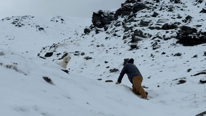 Scaling the mountain and snow to get to LouLou.