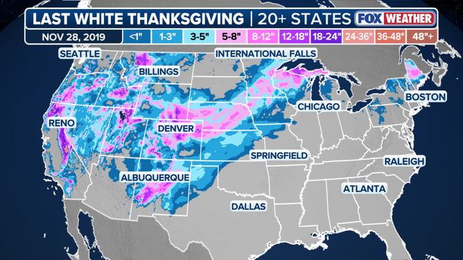 Snow coverage during the last Thanksgiving where 20 or more states saw significant snow coverage.