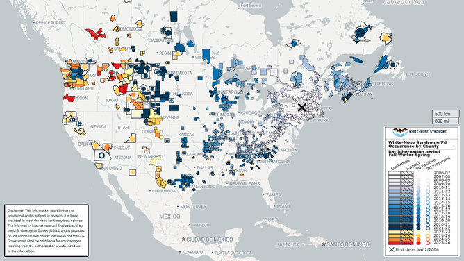Map showing the spread of white-nose syndrome in the U.S.